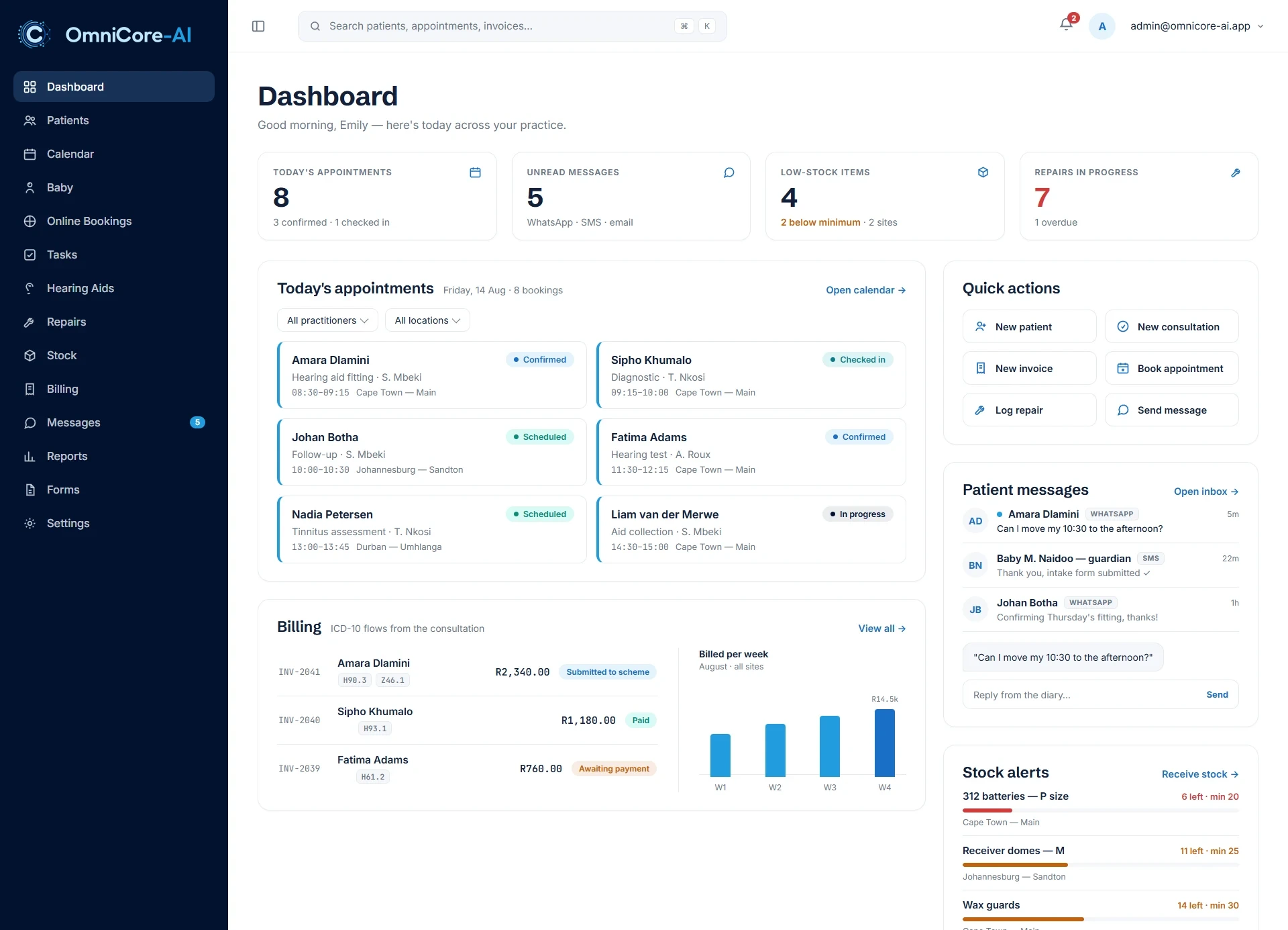 OmniCore-AI dashboard - appointments, messages, billing, stock and repairs at a glance